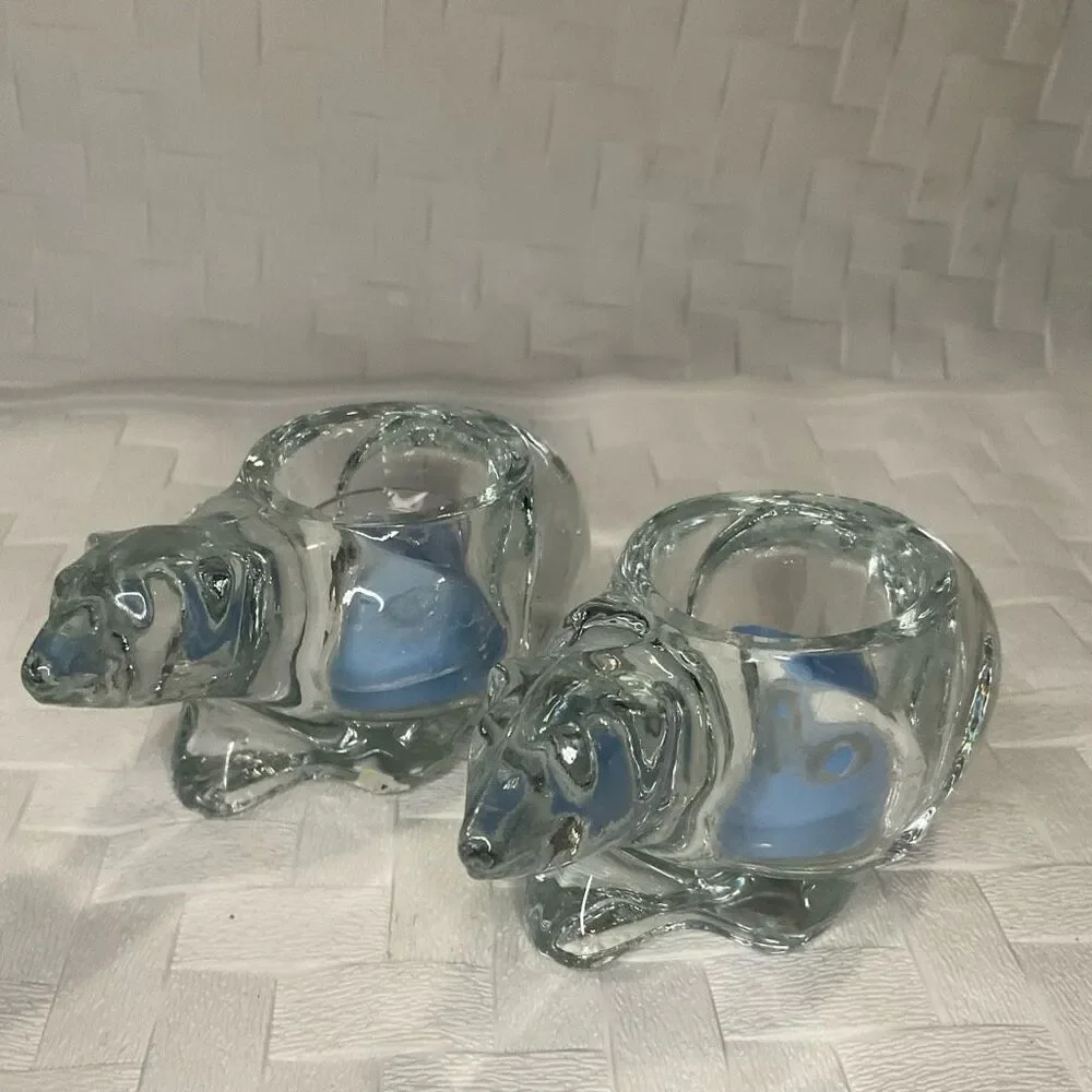 Two Vintage Indiana Glass Clear Glass Polar‎ Bears Votive Candle Holder TeaLight